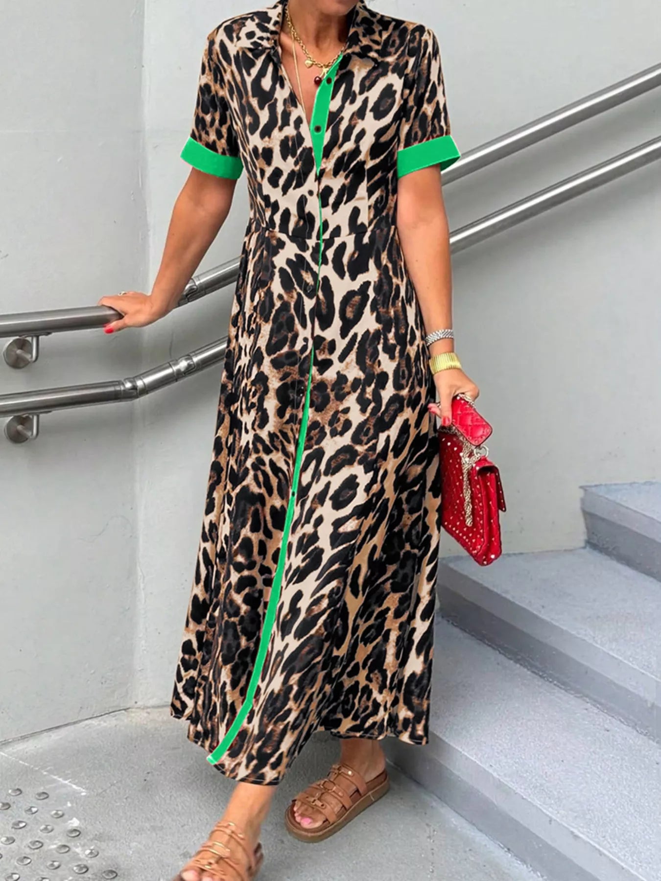 Leopard Print Button-Down Dress with Contrast Trim Dark Green OutfitFlow