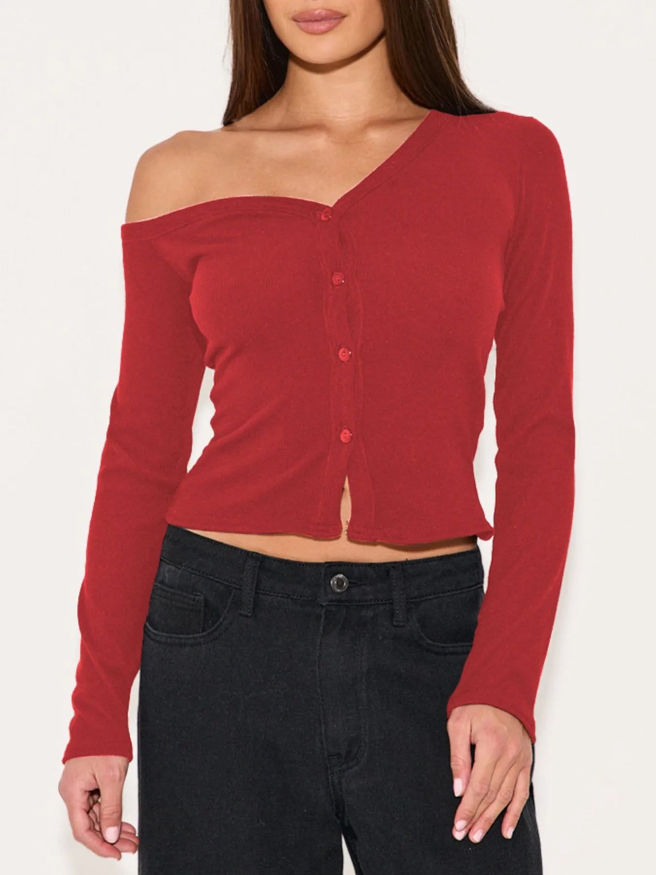 Asymmetrical Neck Button Up Cardigan Scarlet OutfitFlow