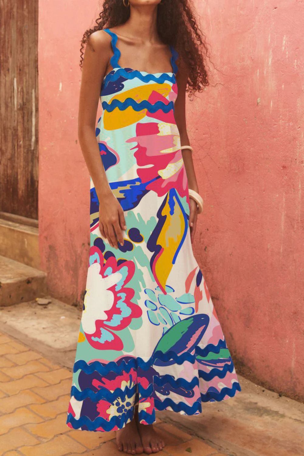 Printed Square Neck Wide Strap Dress Pink OutfitFlow