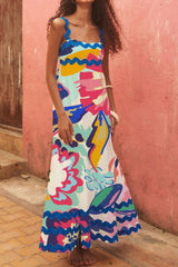 Printed Square Neck Wide Strap Dress Pink OutfitFlow
