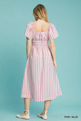 Umgee Smocked Striped Short Sleeve Midi Dress Trendsi