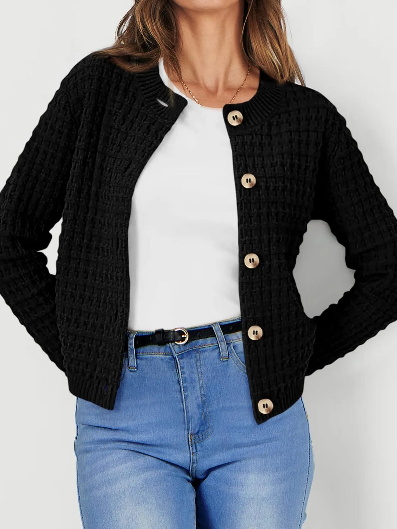 Textured Knit Button-Front Cardigan OutfitFlow