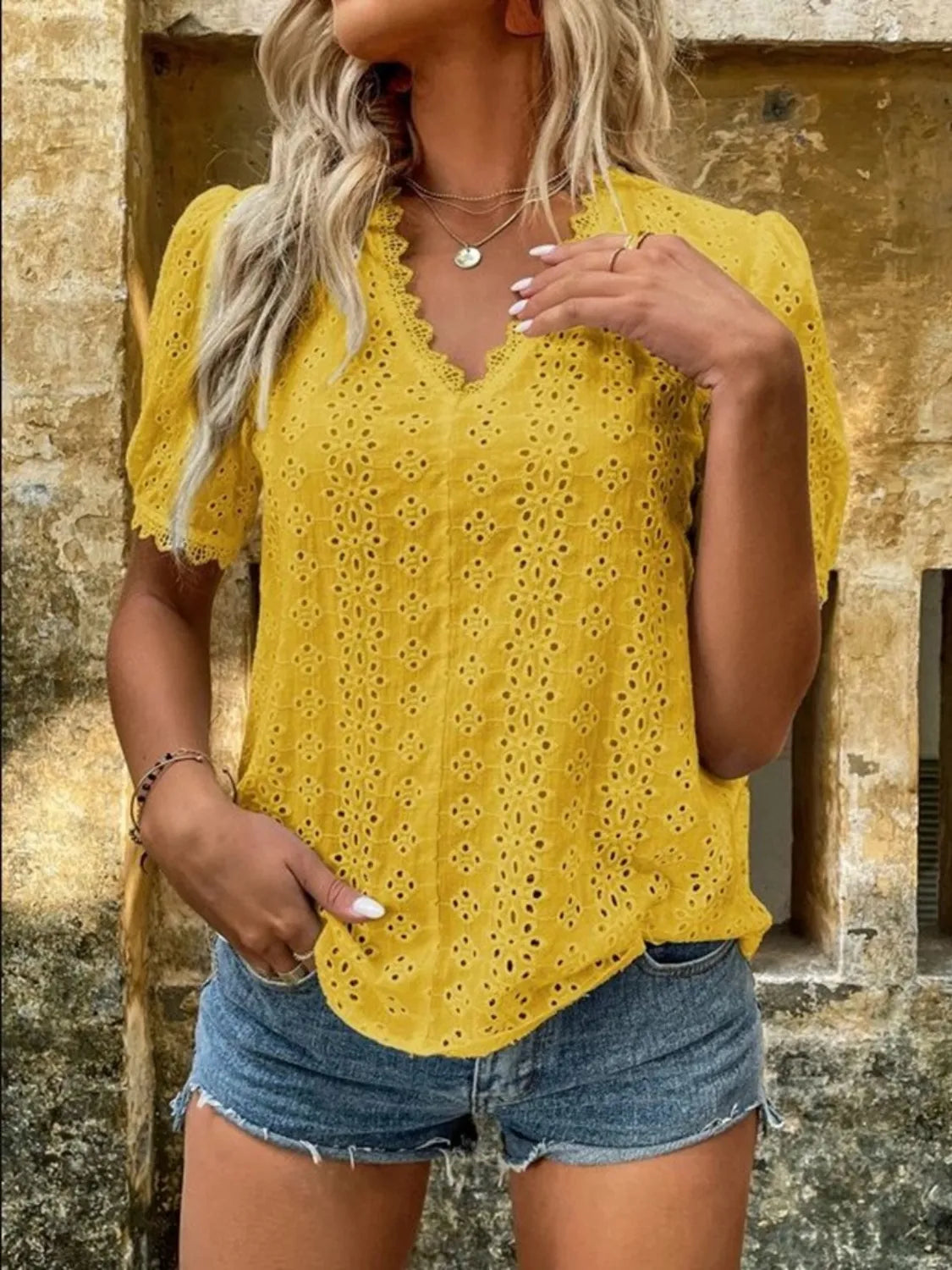 Full Size Lace Detail Eyelet V-Neck Short Sleeve Blouse Plus Size OutfitFlow