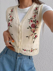 Embroidered Button Up Sweater Vest OutfitFlow