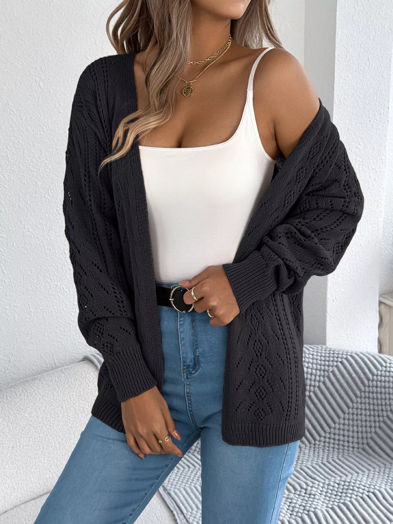 Openwork Open Front Cardigan OutfitFlow