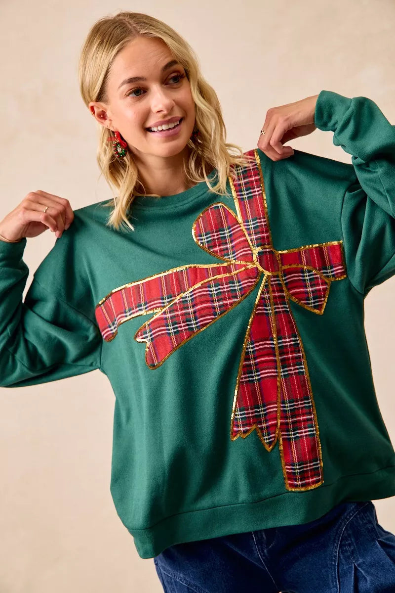 BiBi Plaid Ribbon Bow Detail Christmas Fleece Pullover OutfitFlow