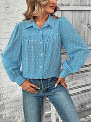 Full Size Swiss Dot Collared Neck Long Sleeve Shirt