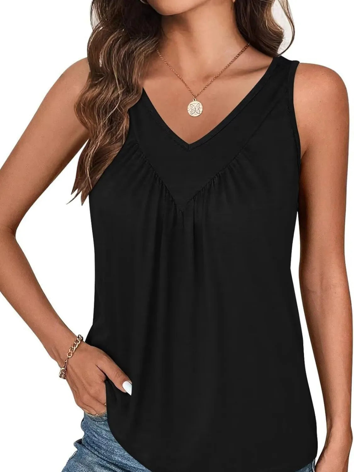 Ruched V-Neck Tank Black OutfitFlow
