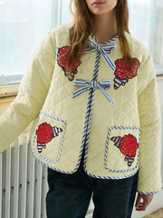Embroidered Flower Tied Long Sleeve Winter Coat Pastel Yellow Trendsi