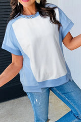 Color Block Exposed Seam Crew Neck T Shirt OutfitFlow