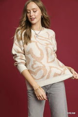 Umgee Heart Print Crew Neck Sweater Trendsi