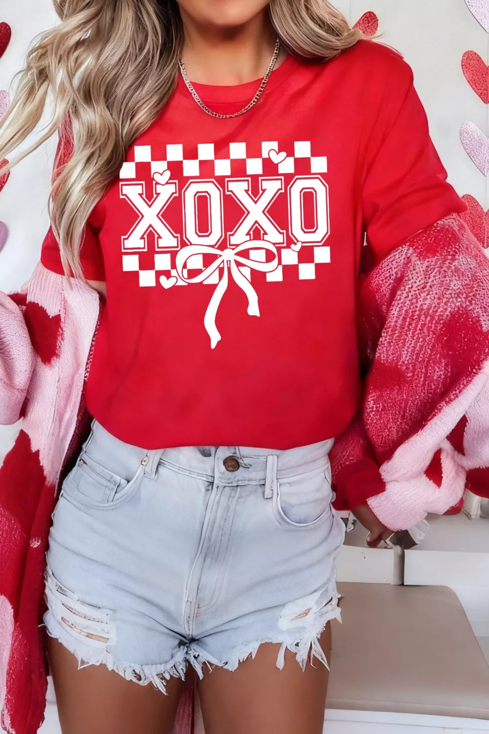 XOXO Checkered Ribbon Bow Print Valentines Day T Shirt OutfitFlow