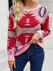 Geometric Round Neck Long Sleeve Sweater Dusty Pink OutfitFlow