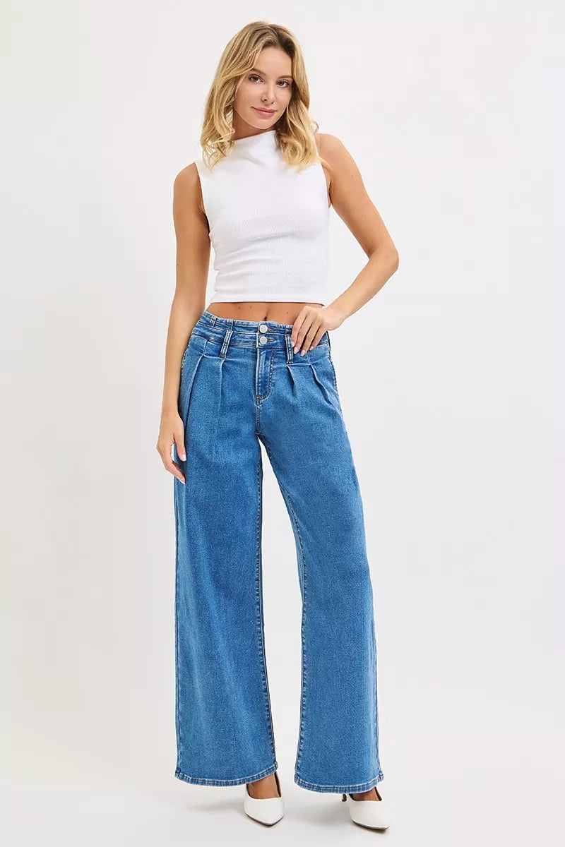 RISEN Full Size Mid Rise Fit Wide Leg with Pleated Detail Jeans Plus Size OutfitFlow