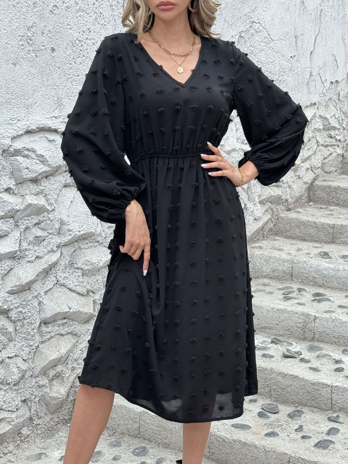 Outfit Flow - Full Size Swiss Dot V-Neck Long Sleeve Midi Dress