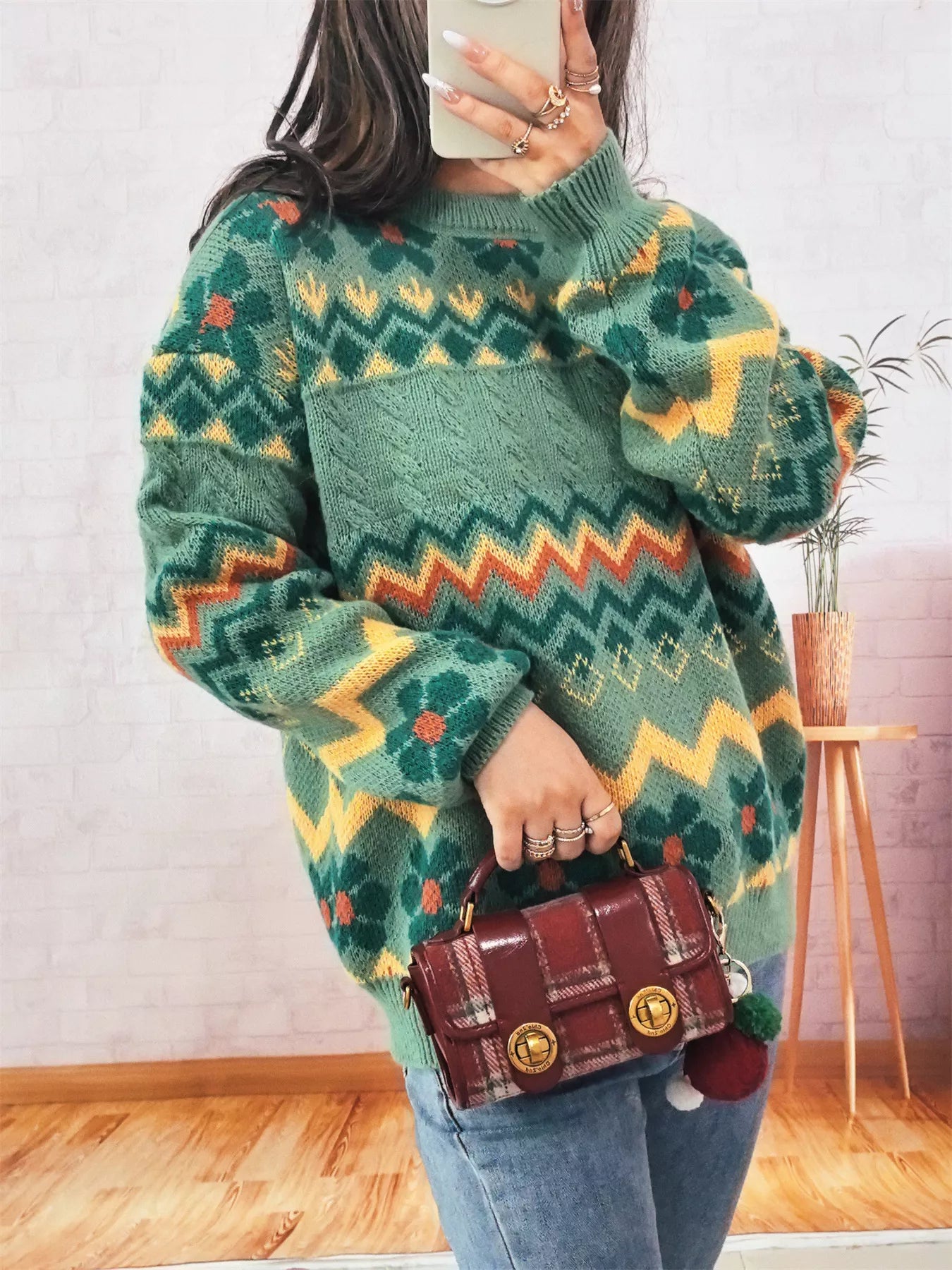 Geometric Round Neck Long Sleeve Sweater OutfitFlow