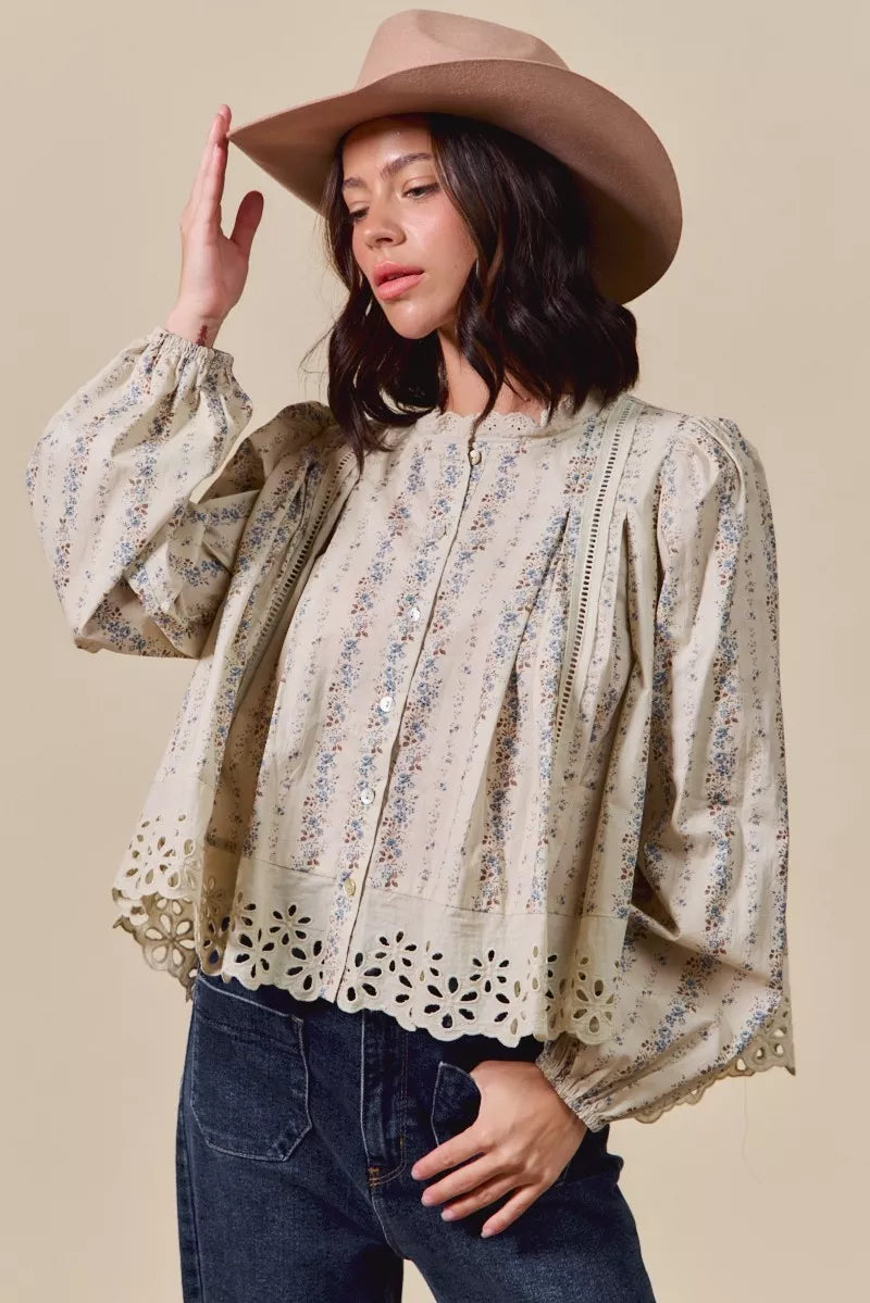 SO ME Floral Print Lace Button Down Shirt OutfitFlow