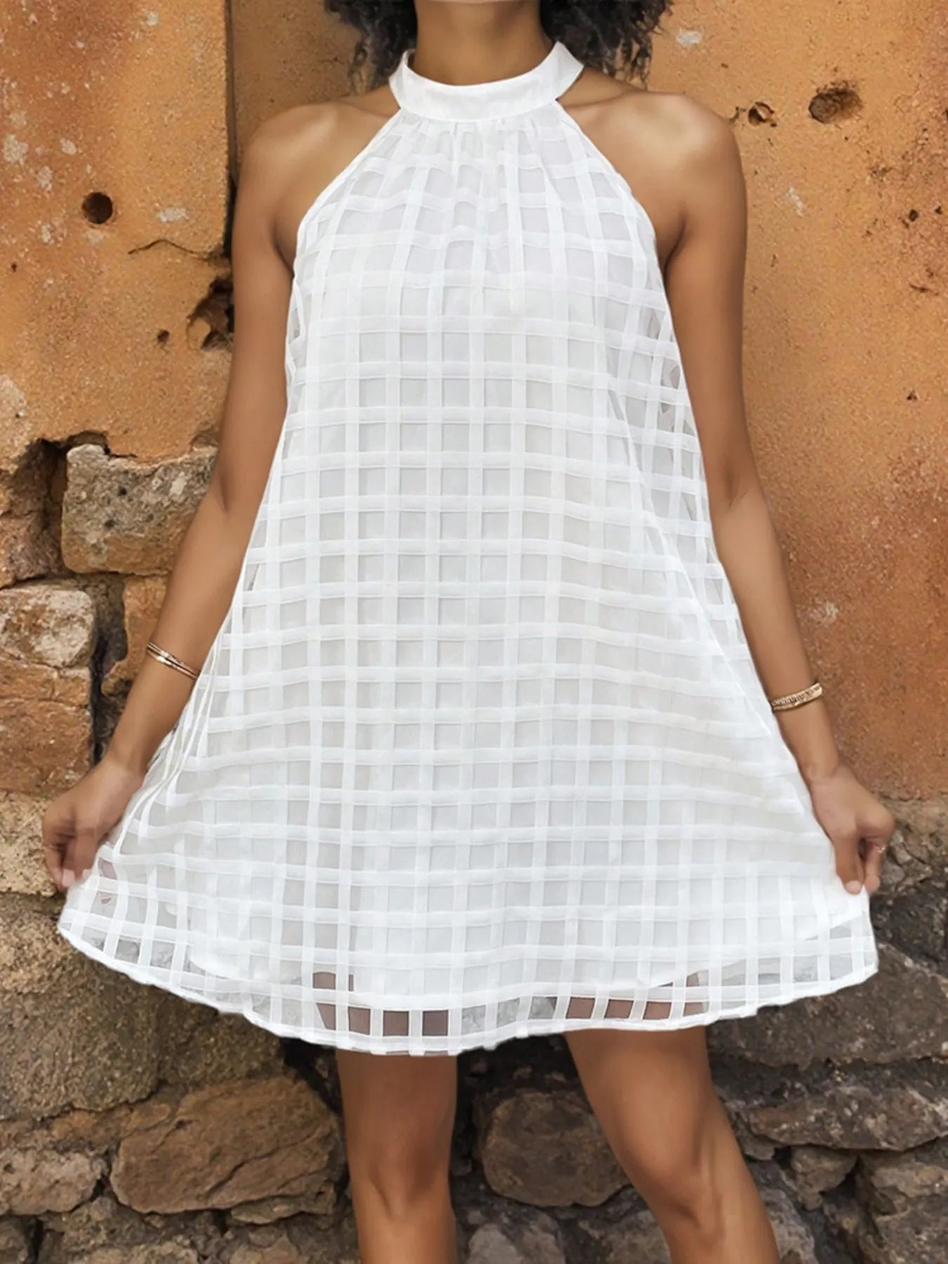 Tie Back Grid Pattern Mini Dress OutfitFlow