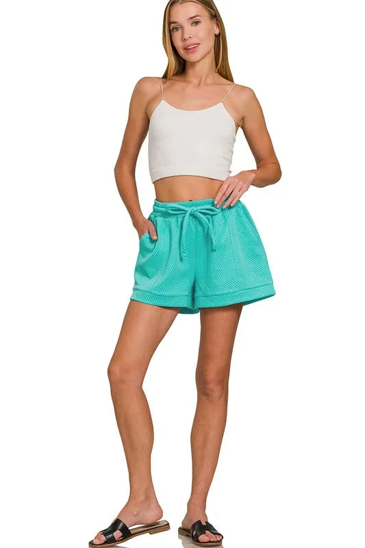 Zenana Textured Knit Jacquard Drawstring Shorts OutfitFlow