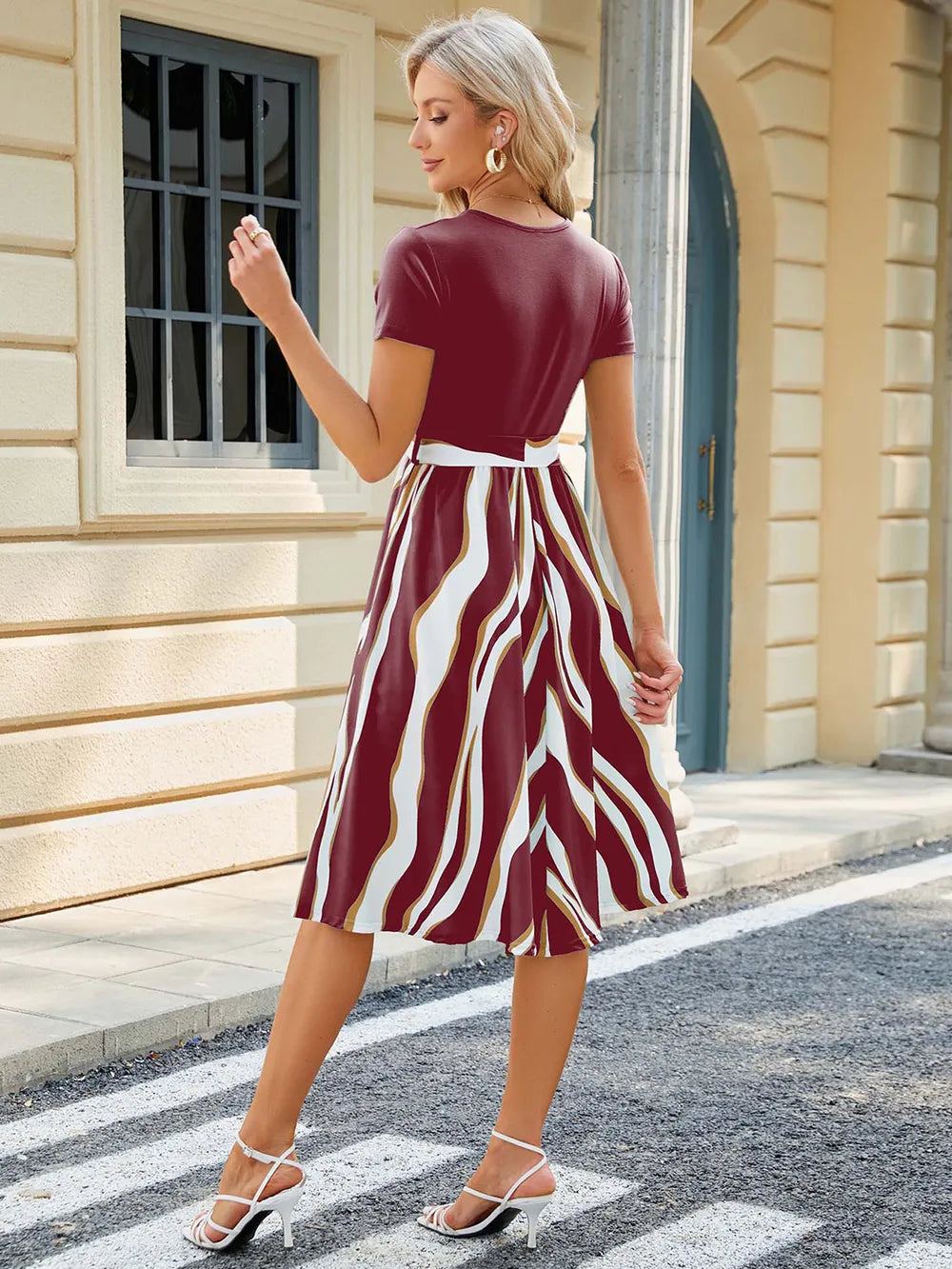 Printed Tie Waist Short Sleeve Dress OutfitFlow