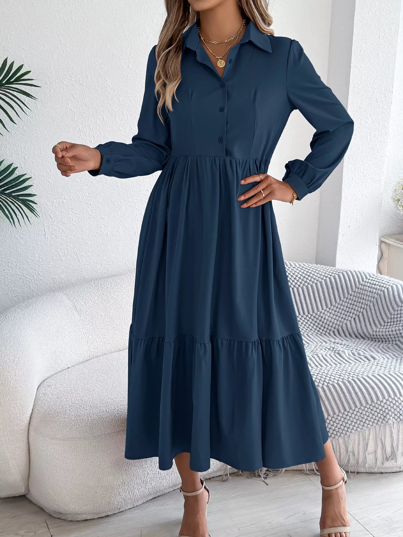 Long Sleeve Tiered Button Front Midi Dress OutfitFlow