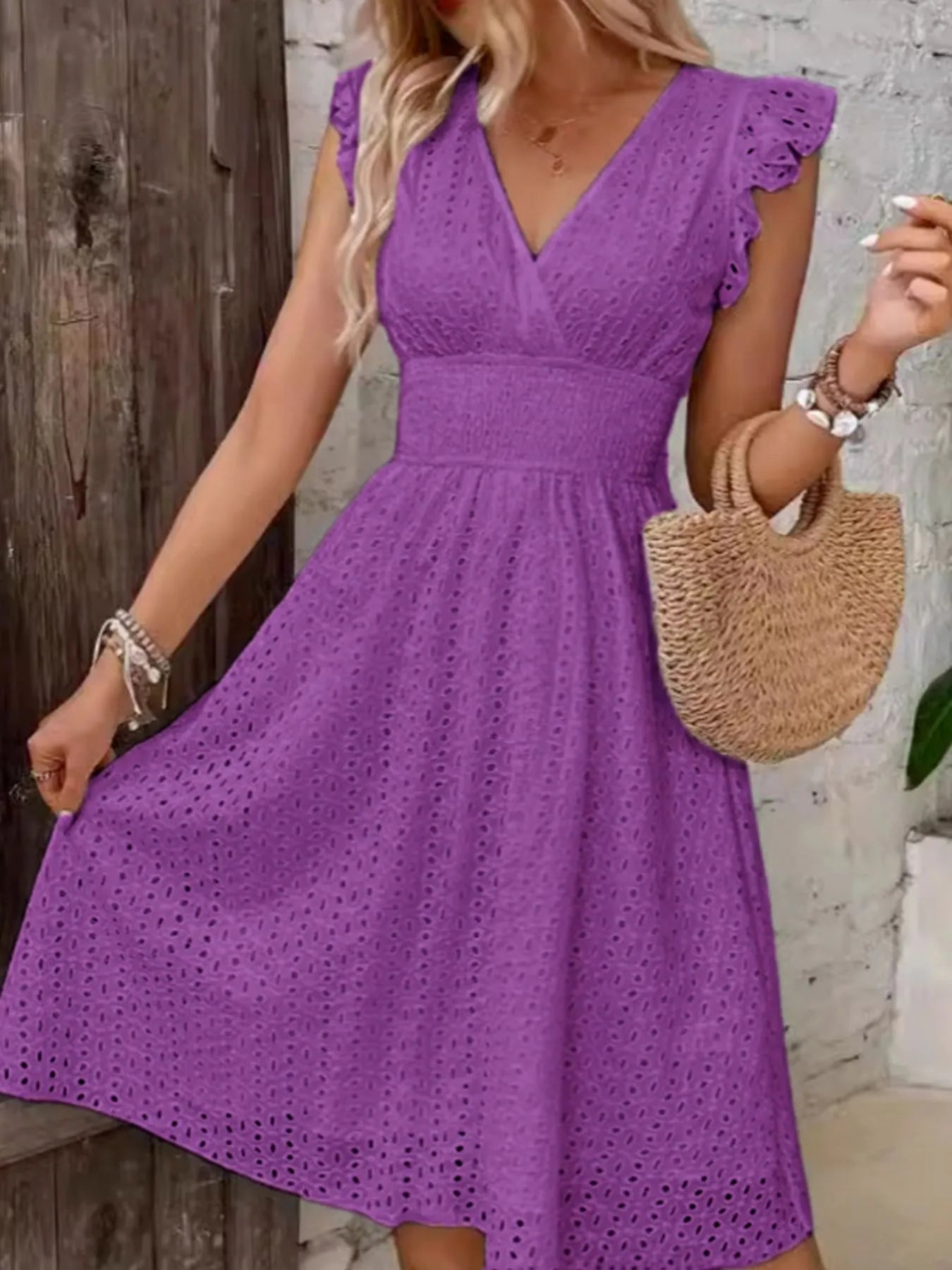 Eyelet Ruffled Cap Sleeve Mini Dress OutfitFlow