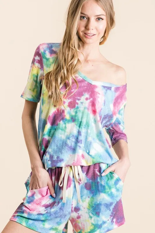 BiBi Tie Dye French Terry Casual Shorts OutfitFlow