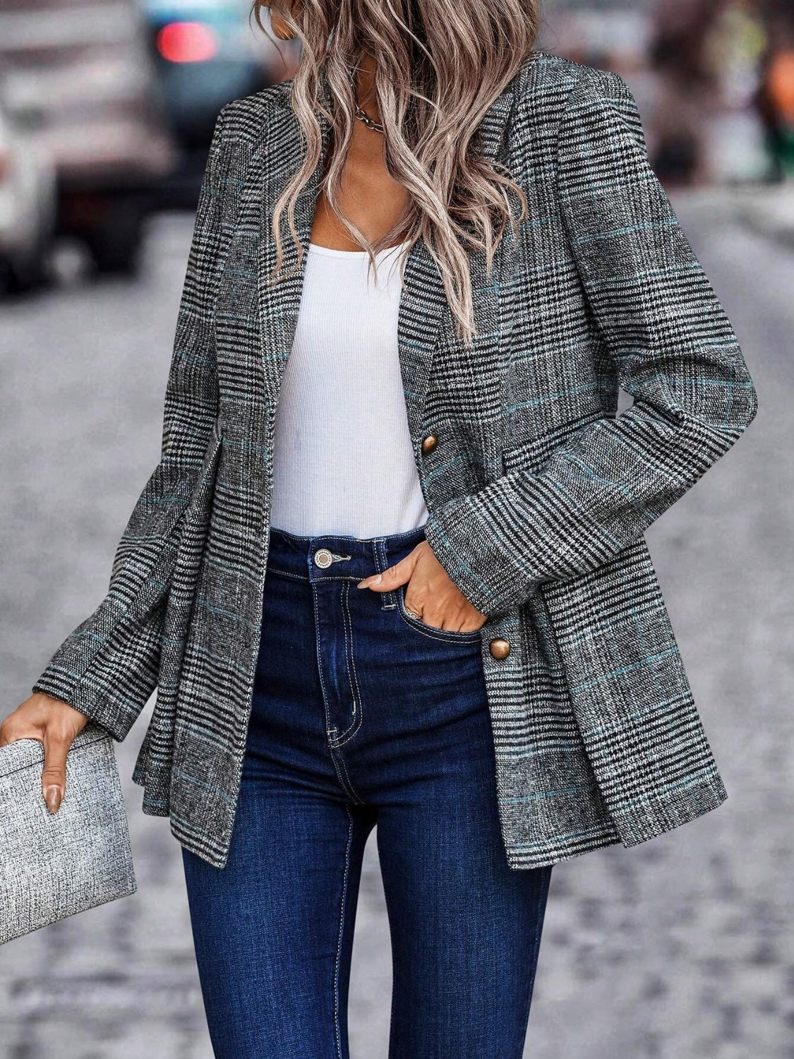 Outfit Flow - Plaid Button Up Lapel Collar Blazer