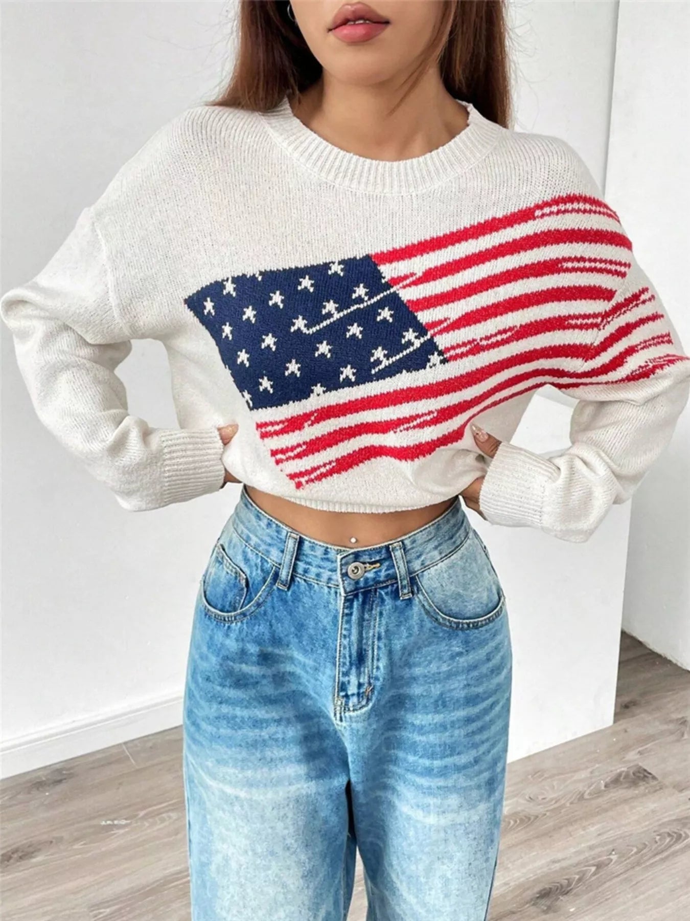 US Flag Round Neck Long Sleeve Sweater OutfitFlow