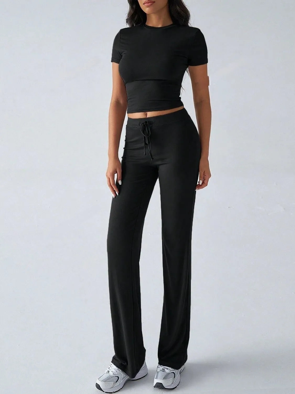 Round Neck Short Sleeve Top and Pants Set Black OutfitFlow
