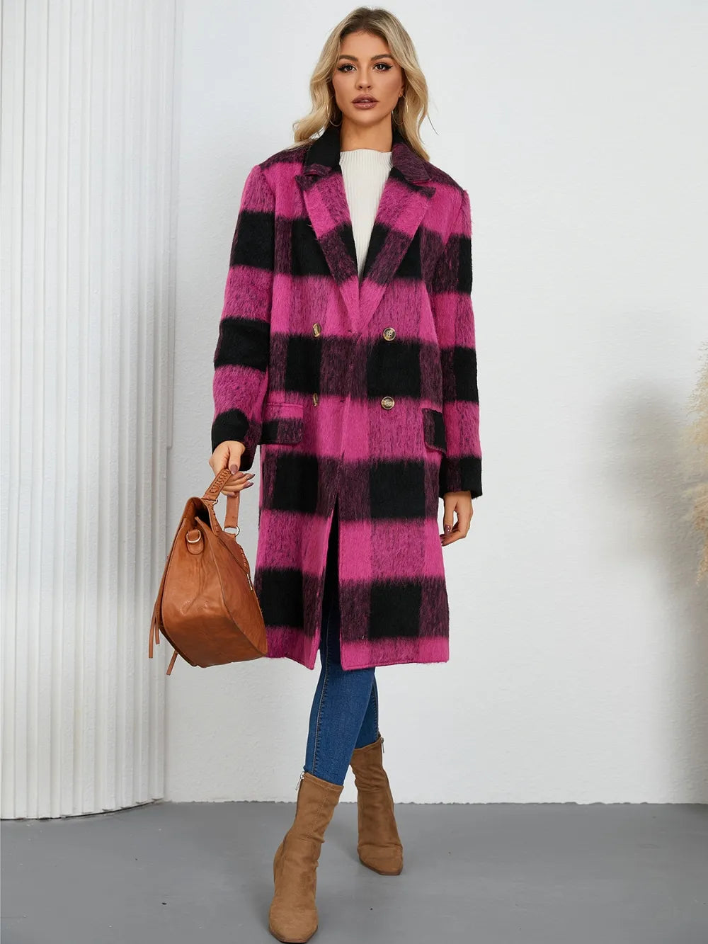Plaid Double-Breasted Long Sleeve Coat Hot Pink Trendsi