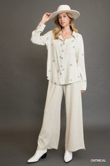Umgee Linen Blend Fitted Shirt with Ribbon Embroidery Details Trendsi