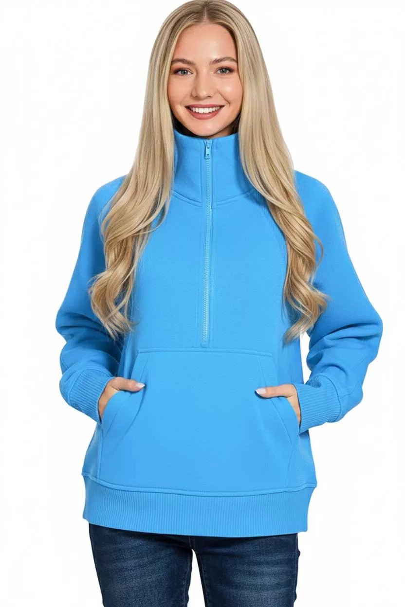 Zenana Half Zip Fleece Sweatshirt with kangaroo Pocket OutfitFlow