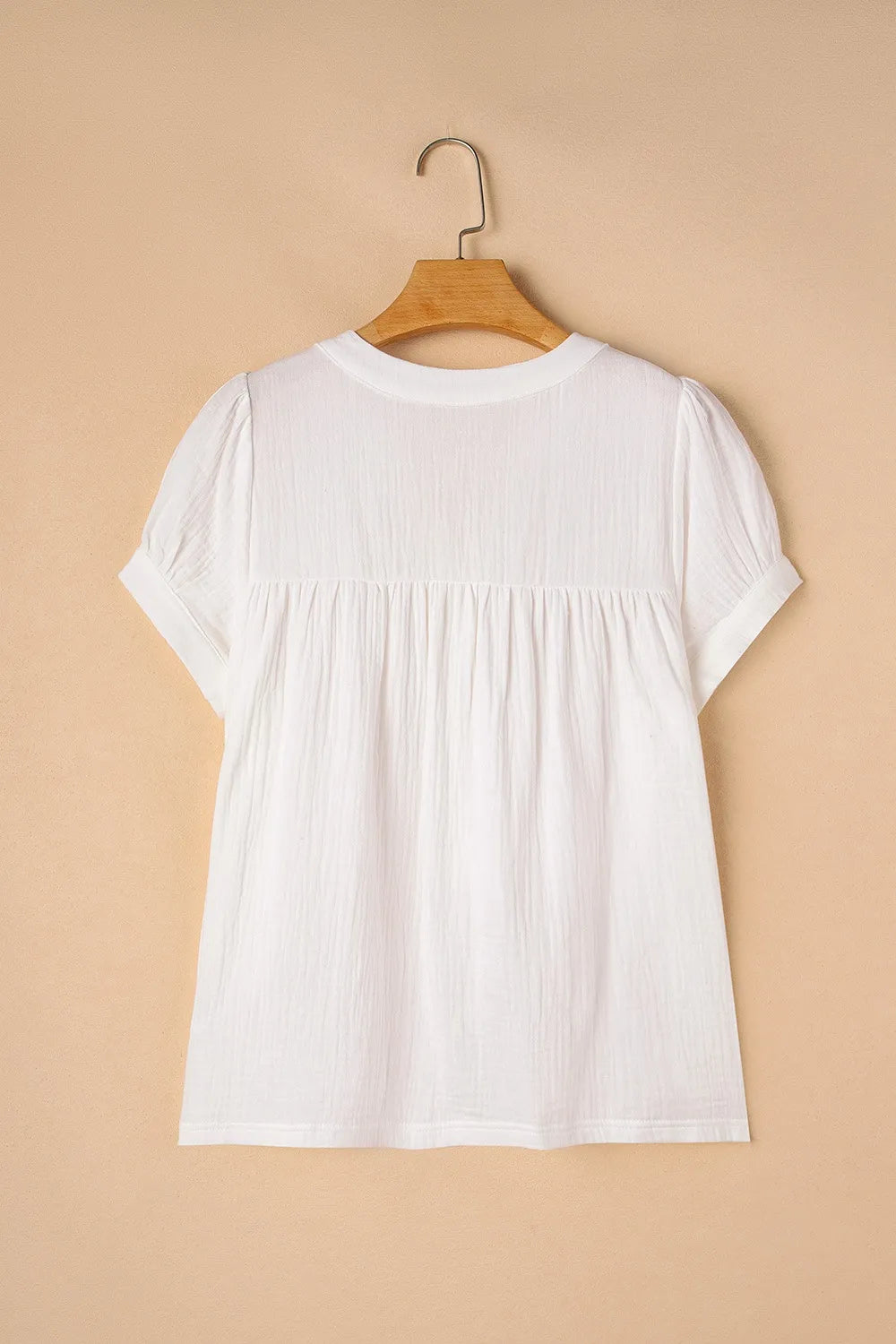 Textured Short Sleeve Buttons Frayed Blouse OutfitFlow