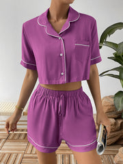 Outfit Flow - Ivy Lane Contrast Lapel Collar Cropped Shirt and Shorts Lounge Set