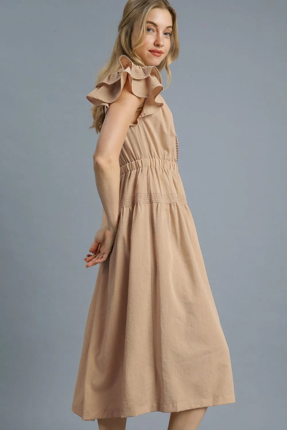 Umgee Ruffled Cap Sleeve Midi Dress with Contrast Trim Detail OutfitFlow