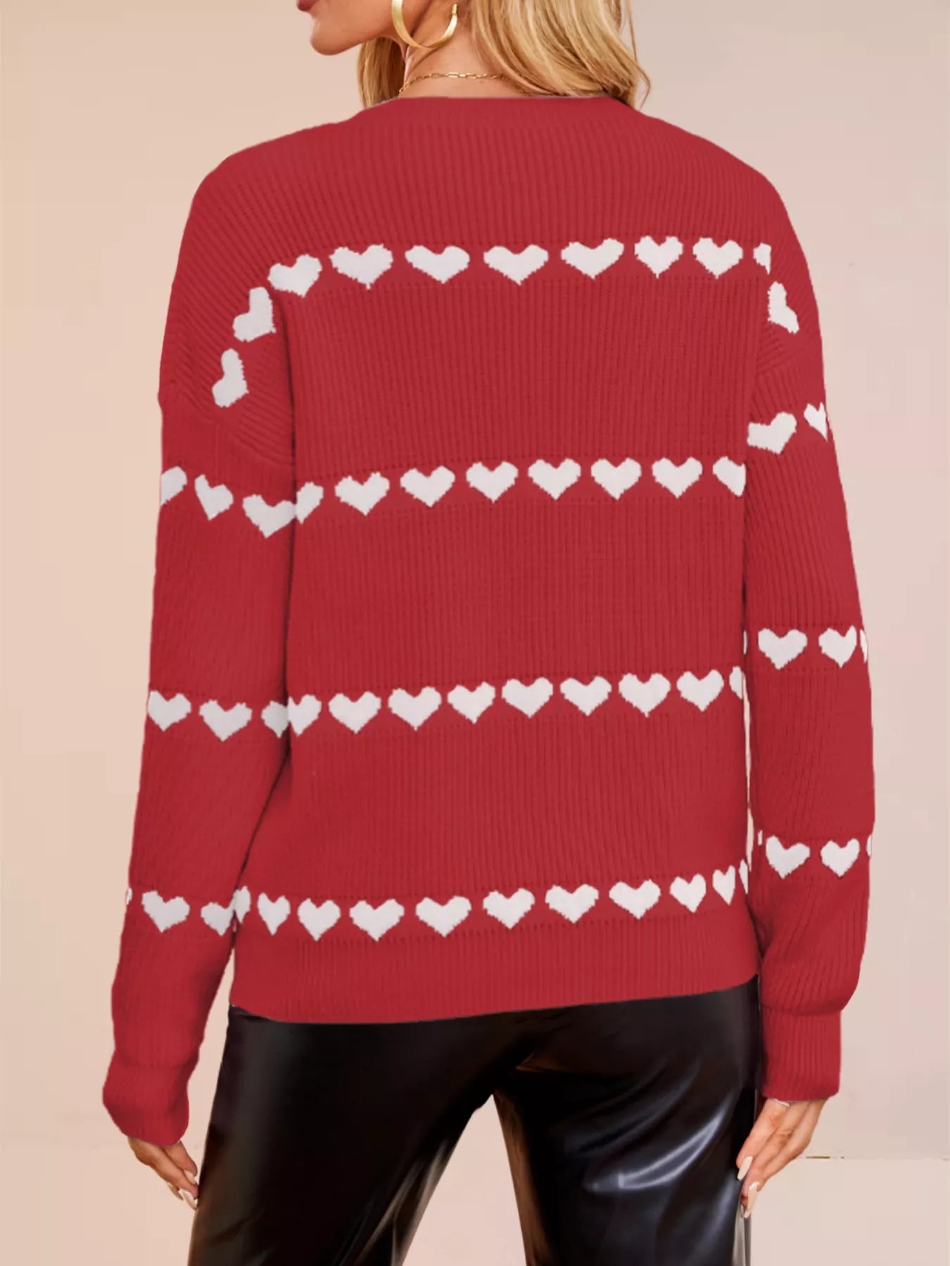 Heart Pattern Dropped Shoulder Sweater OutfitFlow