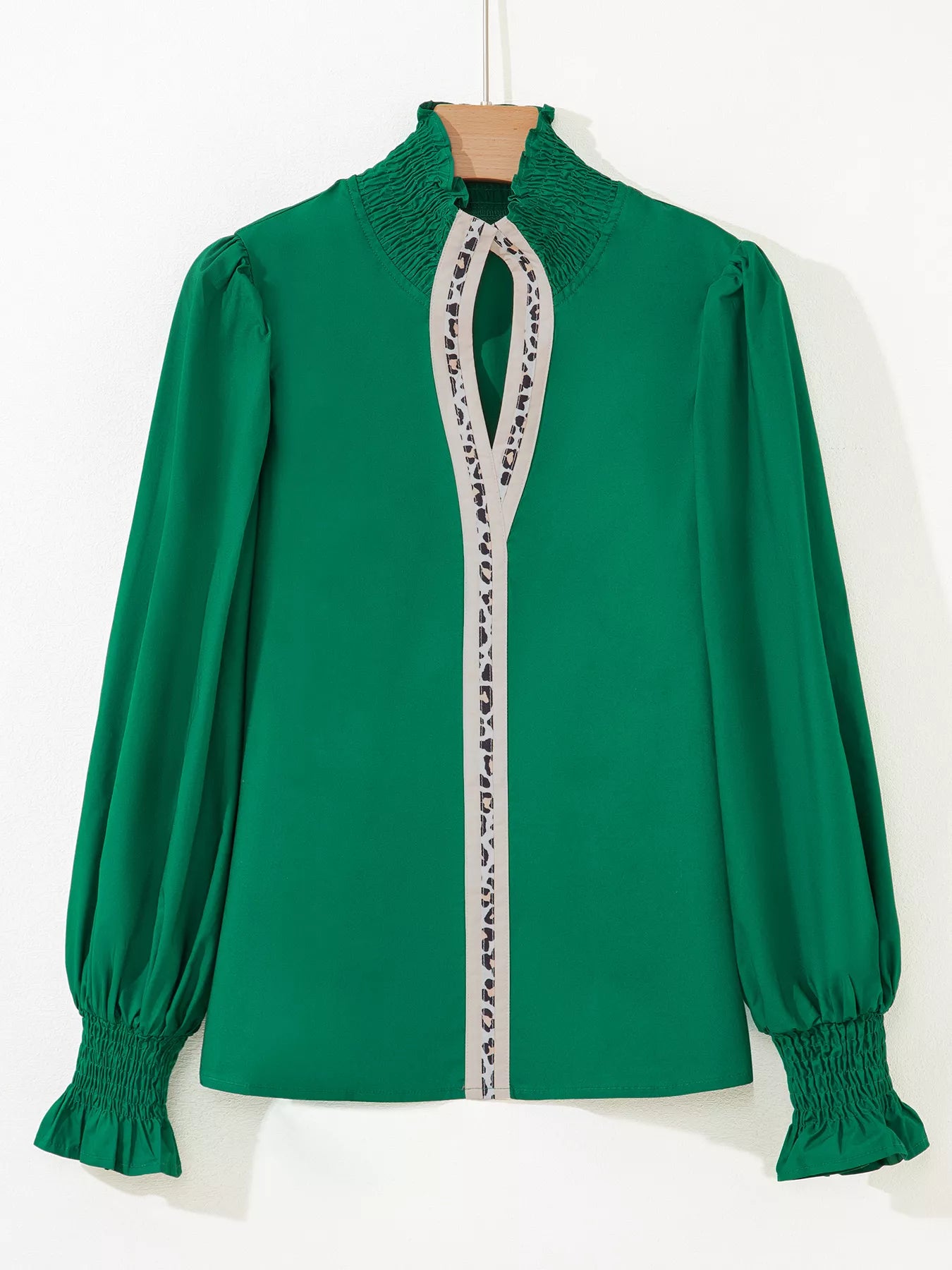 Puffy Flounce Sleeve Leopard Trim V Neck Blouse OutfitFlow