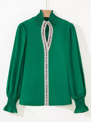 Puffy Flounce Sleeve Leopard Trim V Neck Blouse OutfitFlow