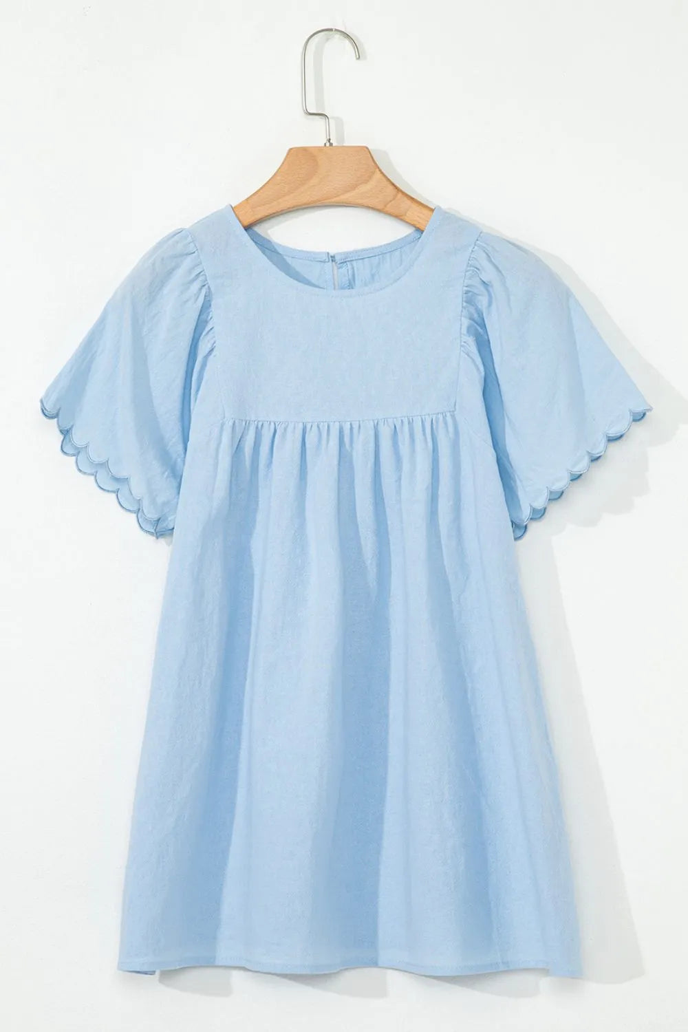 Solid Color Embroidered Scalloped Sleeves Crew Neck Blouse OutfitFlow