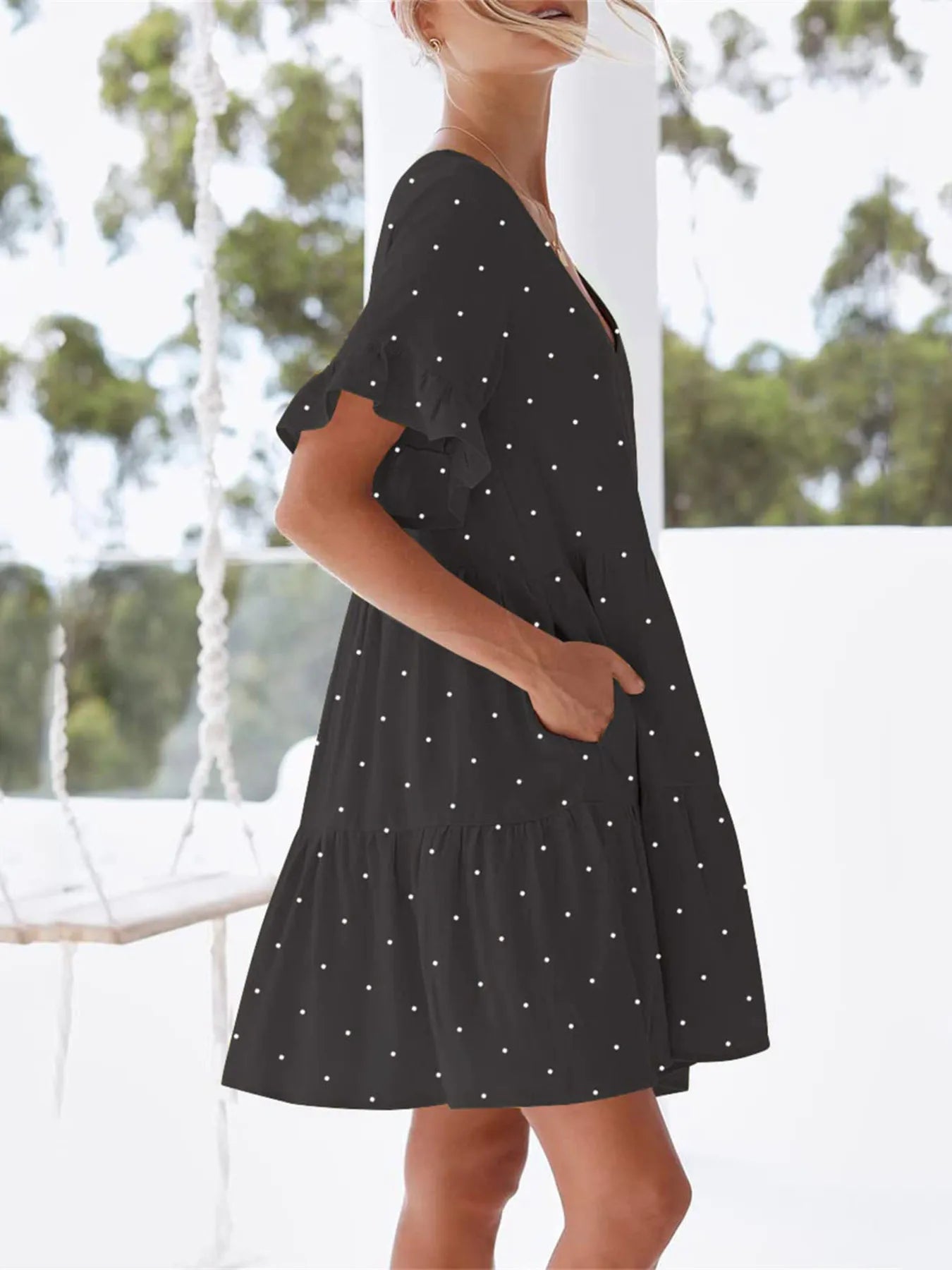 Polka Dot V-Neck Short Sleeve Mini Dress OutfitFlow