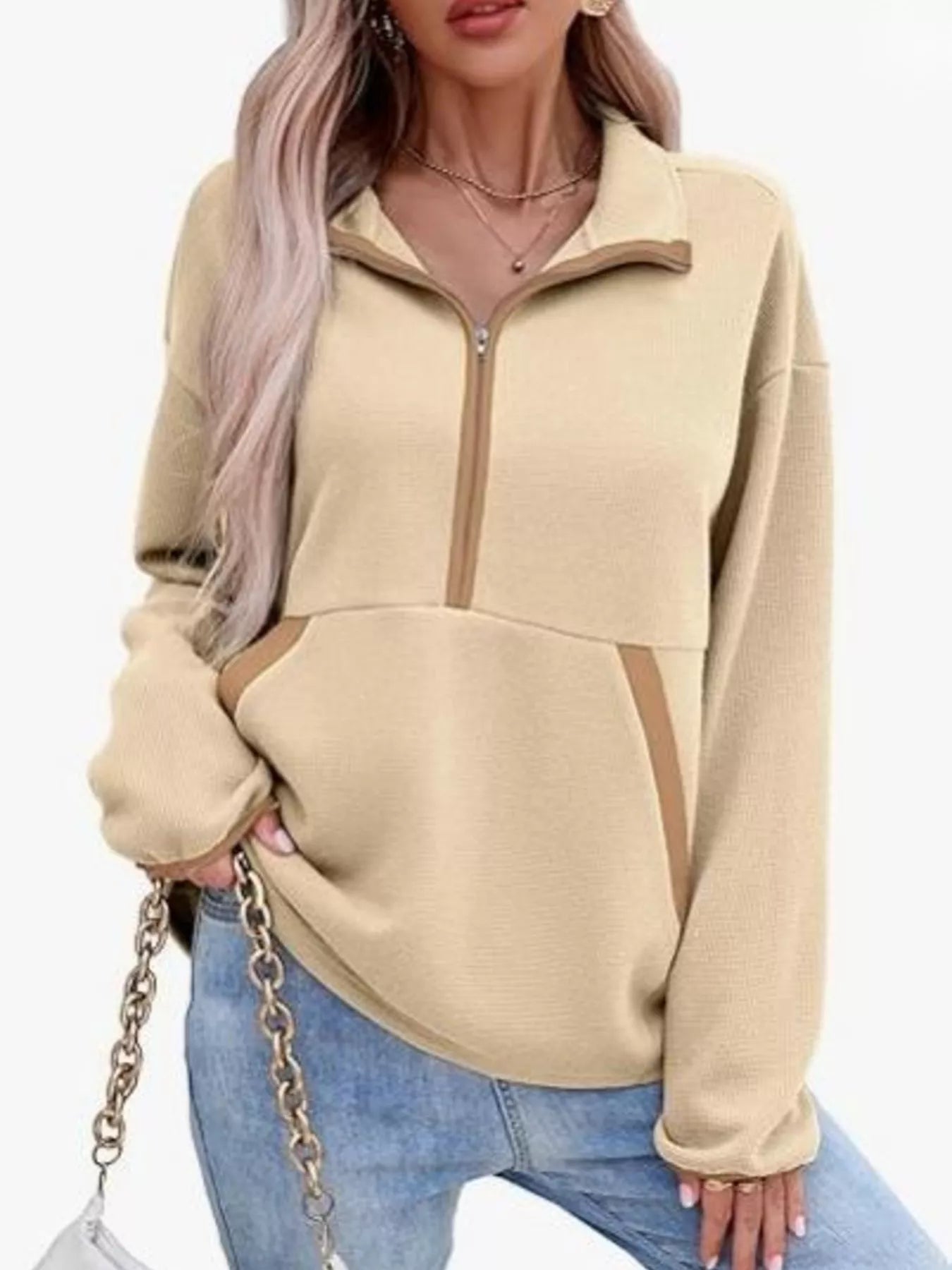Half Zip Dropped Shoulder Sweatshirt Apricot OutfitFlow