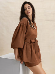Peter Pan Collar Balloon Sleeve Top and Shorts Set OutfitFlow