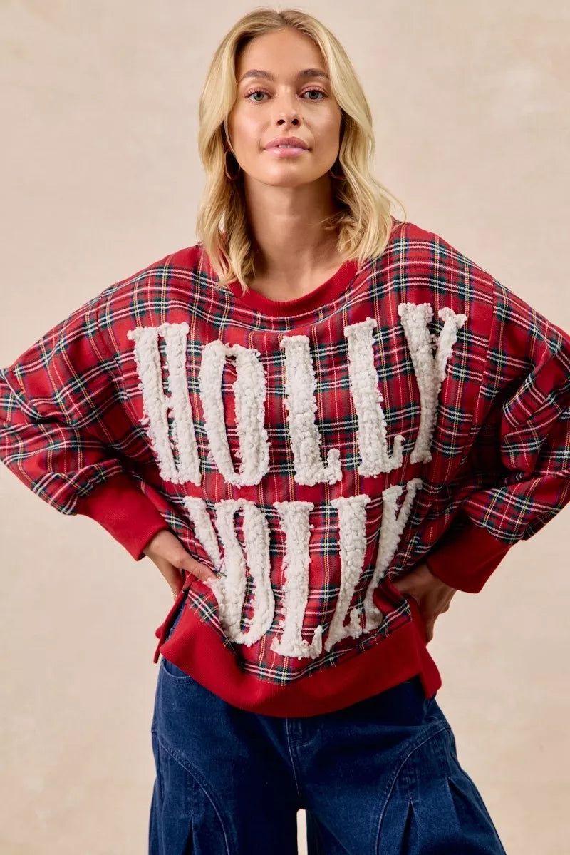 BiBi Holly Jolly Christmas Plaid Oversized Sweatshirt OutfitFlow