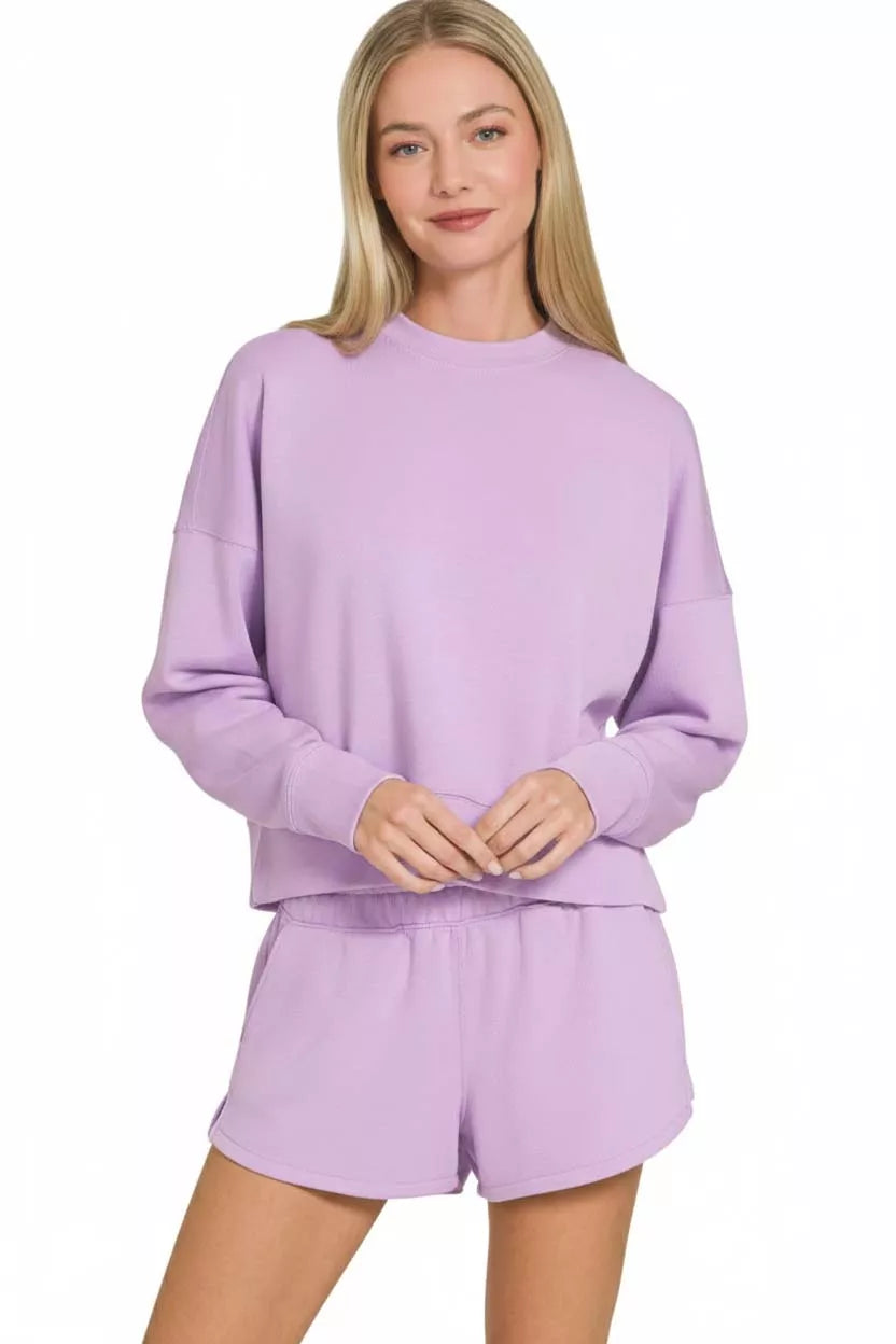 Zenana Scuba Long Sleeve Sweatshirts & Shorts Set OutfitFlow