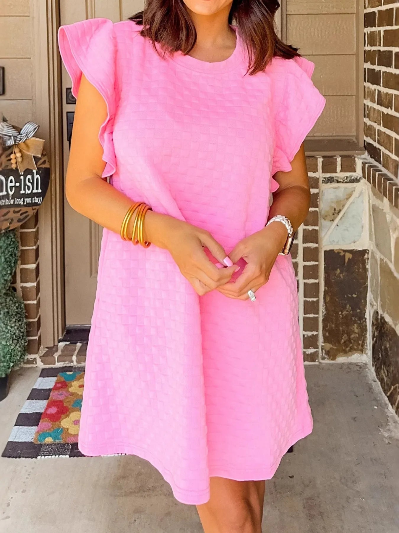 Textured Ruffle Sleeve Casual Summer Dress OutfitFlow