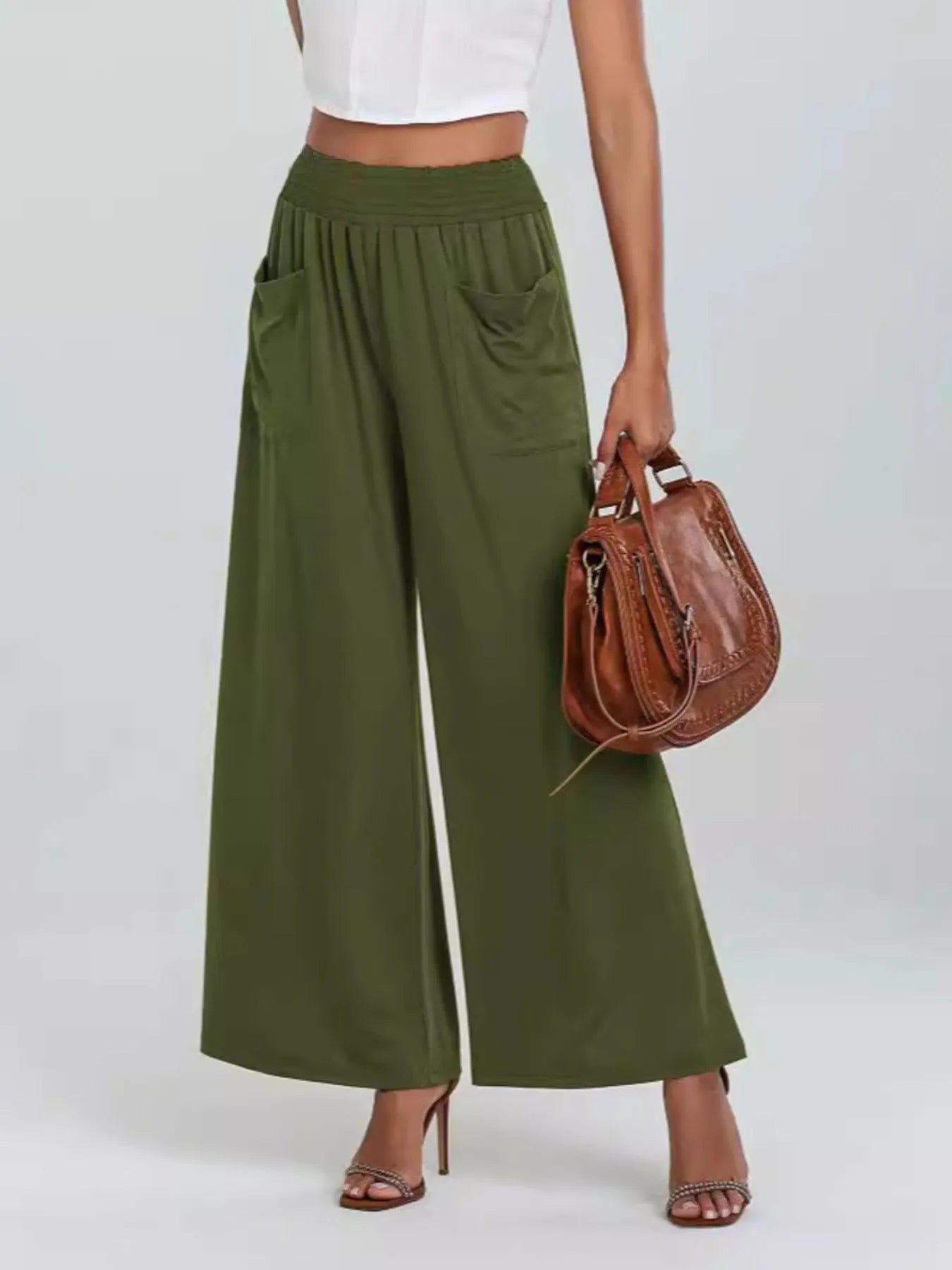 High-Waisted Wide Leg Pants with Pockets Green OutfitFlow