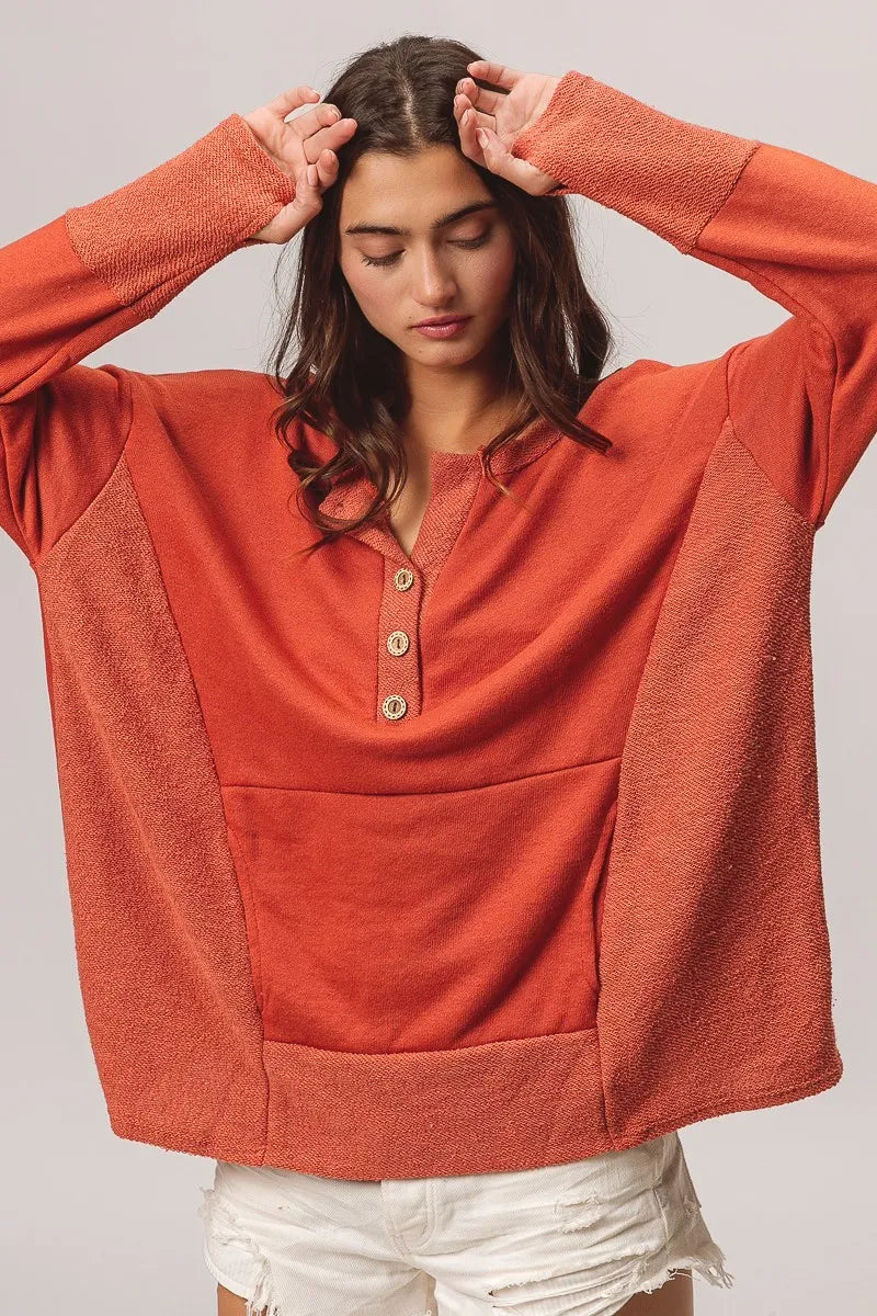 BiBi French Terry Knit Side Block Buttoned Henley Top Trendsi