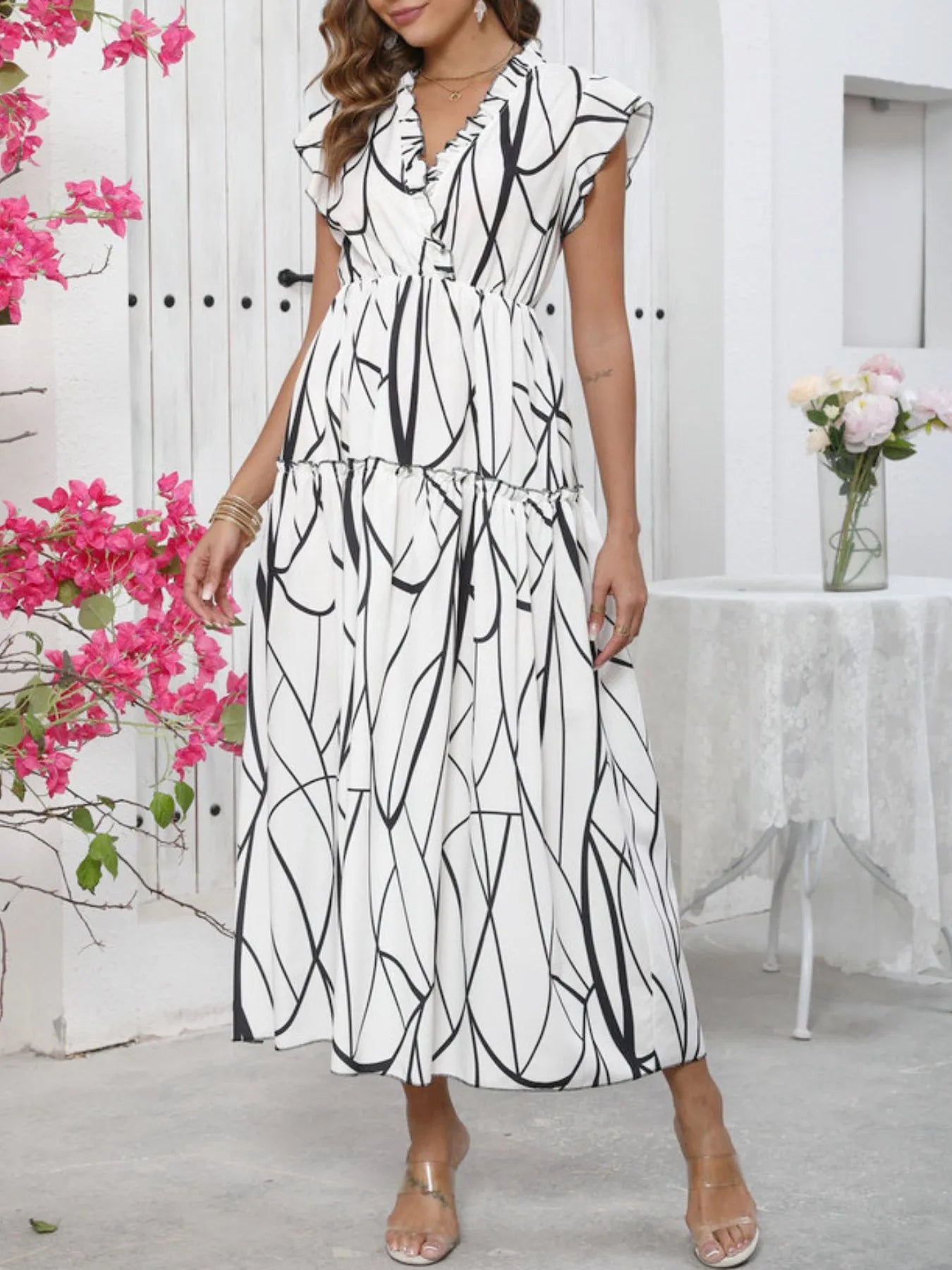 Abstract Print Ruffle Sleeve V-Neck Midi Dress OutfitFlow
