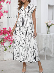 Abstract Print Ruffle Sleeve V-Neck Midi Dress OutfitFlow